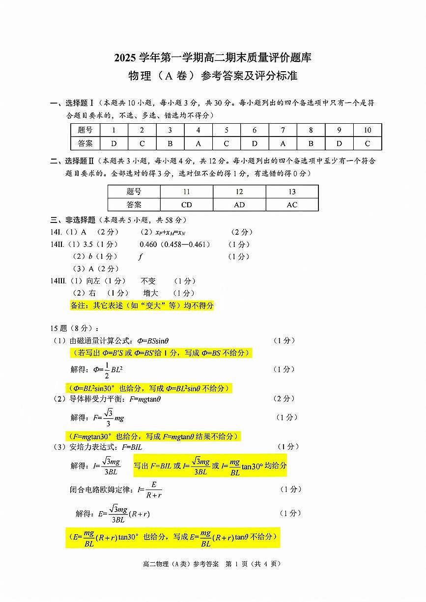 【A类】高二物理期末质量评价题库参考答案和评分细则第1页
