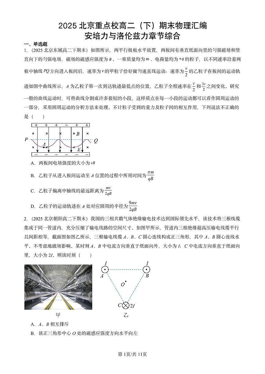2025北京重点校高二（下）期末真题物理汇编：安培力与洛伦兹力章节综合第1页