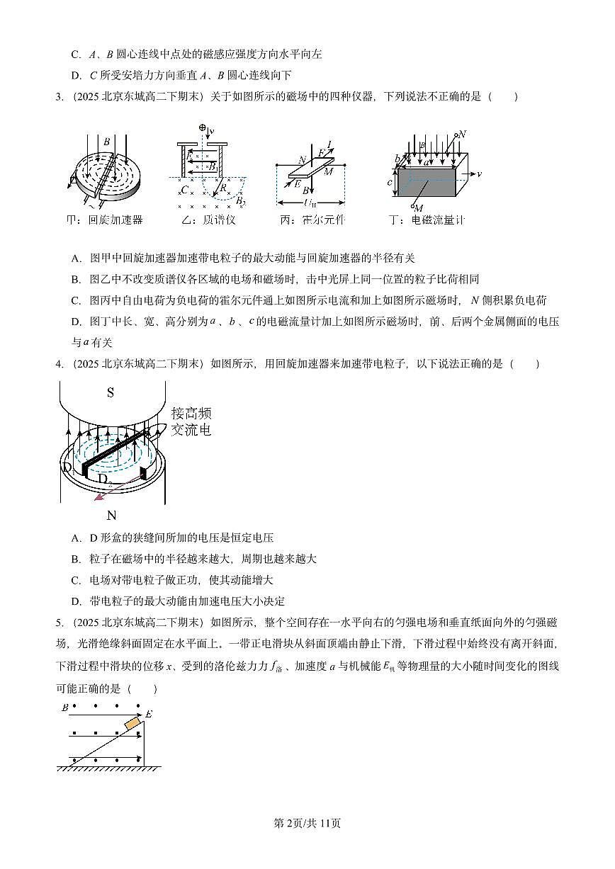 2025北京重点校高二（下）期末真题物理汇编：安培力与洛伦兹力章节综合第2页
