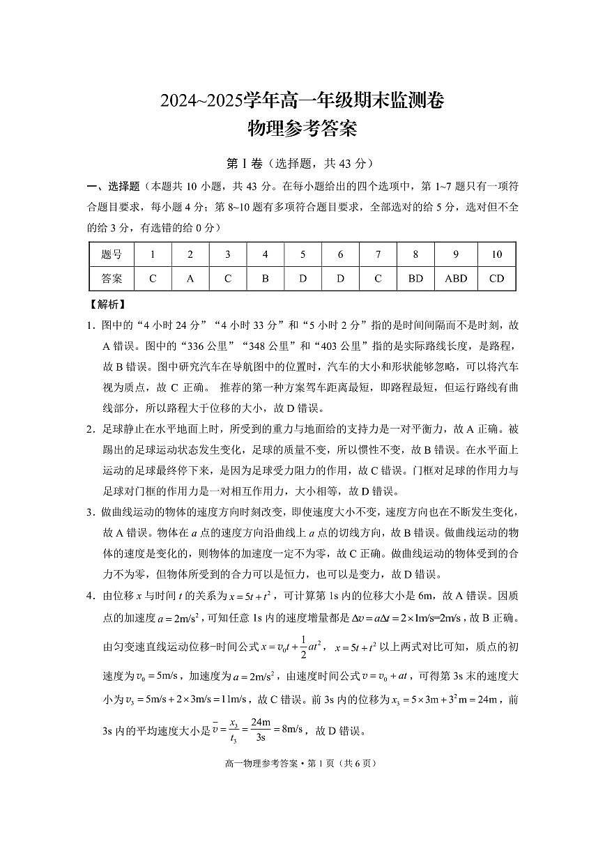 2024~2025学年高一年级期末监测卷物理-答案第1页