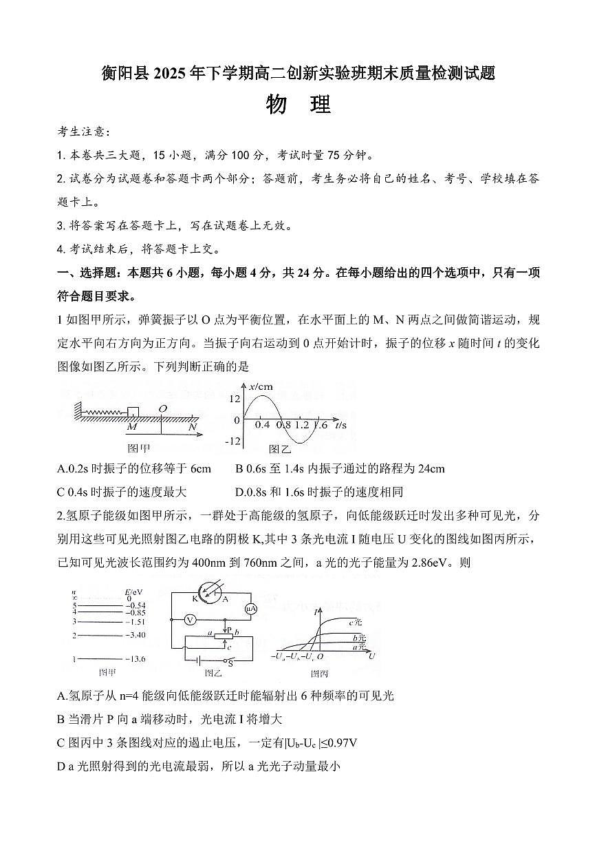 湖南省衡阳市衡阳县2025-2026学年高二上学期1月期末物理试题（含答案）第1页