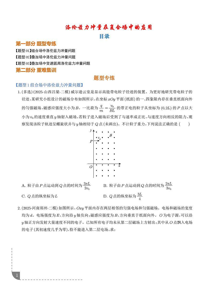 洛伦兹力冲量在复合场中的应用（学生版）第1页