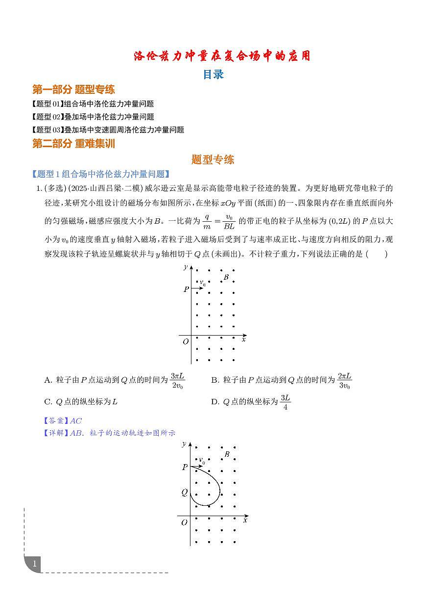 洛伦兹力冲量在复合场中的应用（解析版）第1页