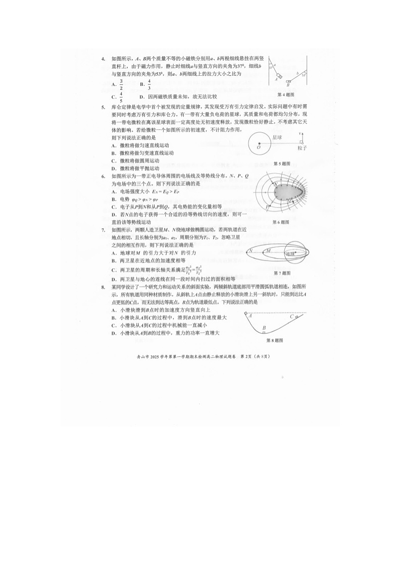舟山市2025-2026学年高二上学期期末检测物理卷含答案第2页
