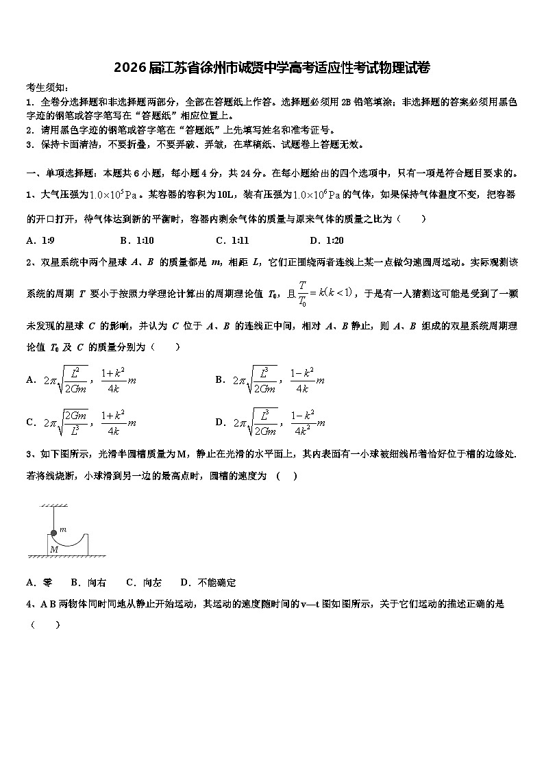 2026届江苏省徐州市诚贤中学高考适应性考试物理试卷含解析第1页