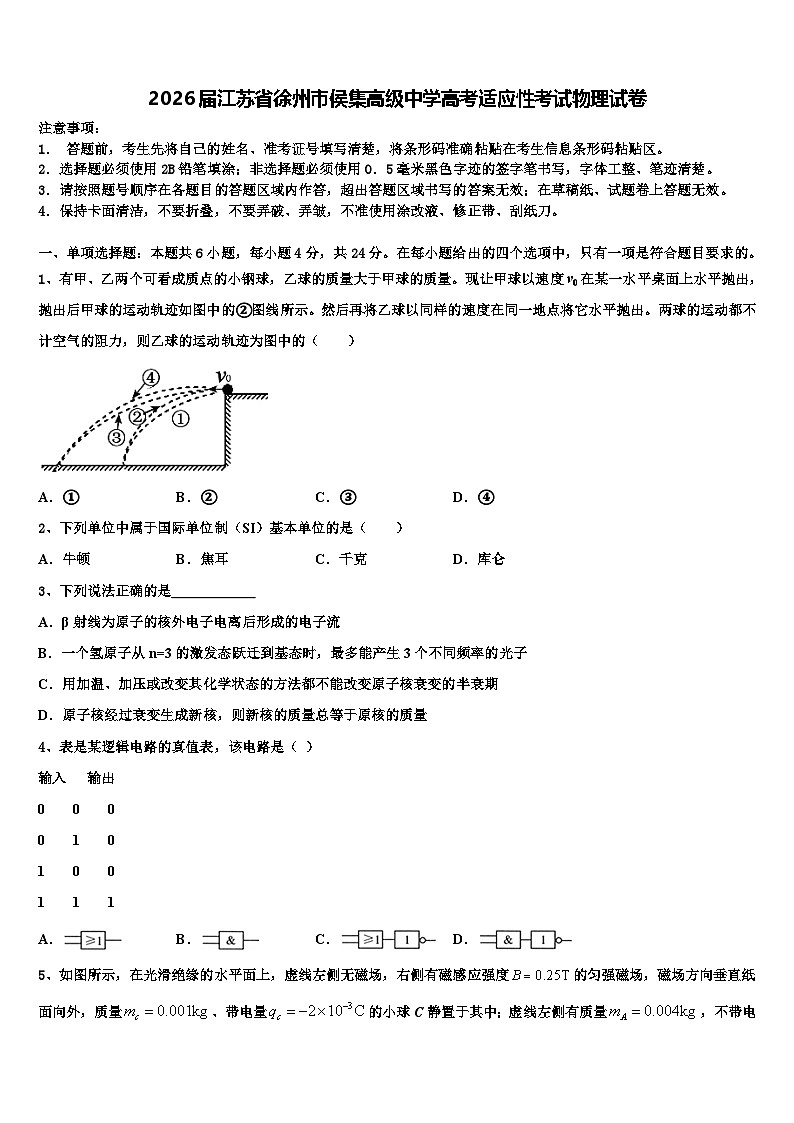 2026届江苏省徐州市侯集高级中学高考适应性考试物理试卷含解析第1页