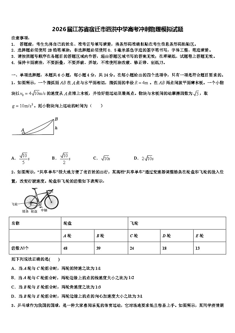 2026届江苏省宿迁市泗洪中学高考冲刺物理模拟试题含解析第1页
