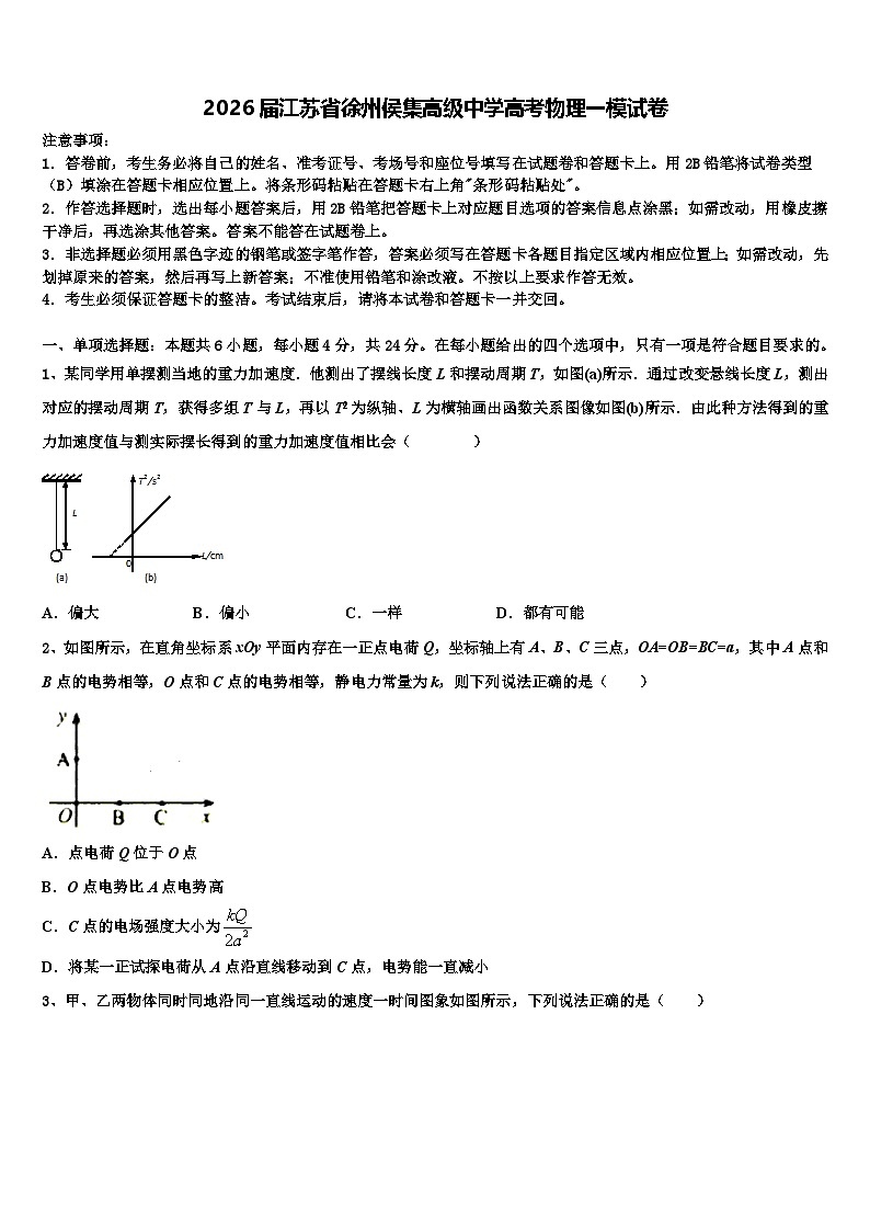 2026届江苏省徐州侯集高级中学高考物理一模试卷含解析第1页