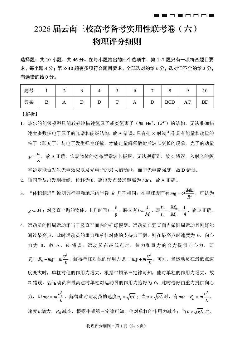 2026届云南三校高考备考实用性联考卷（六）物理-答案第1页