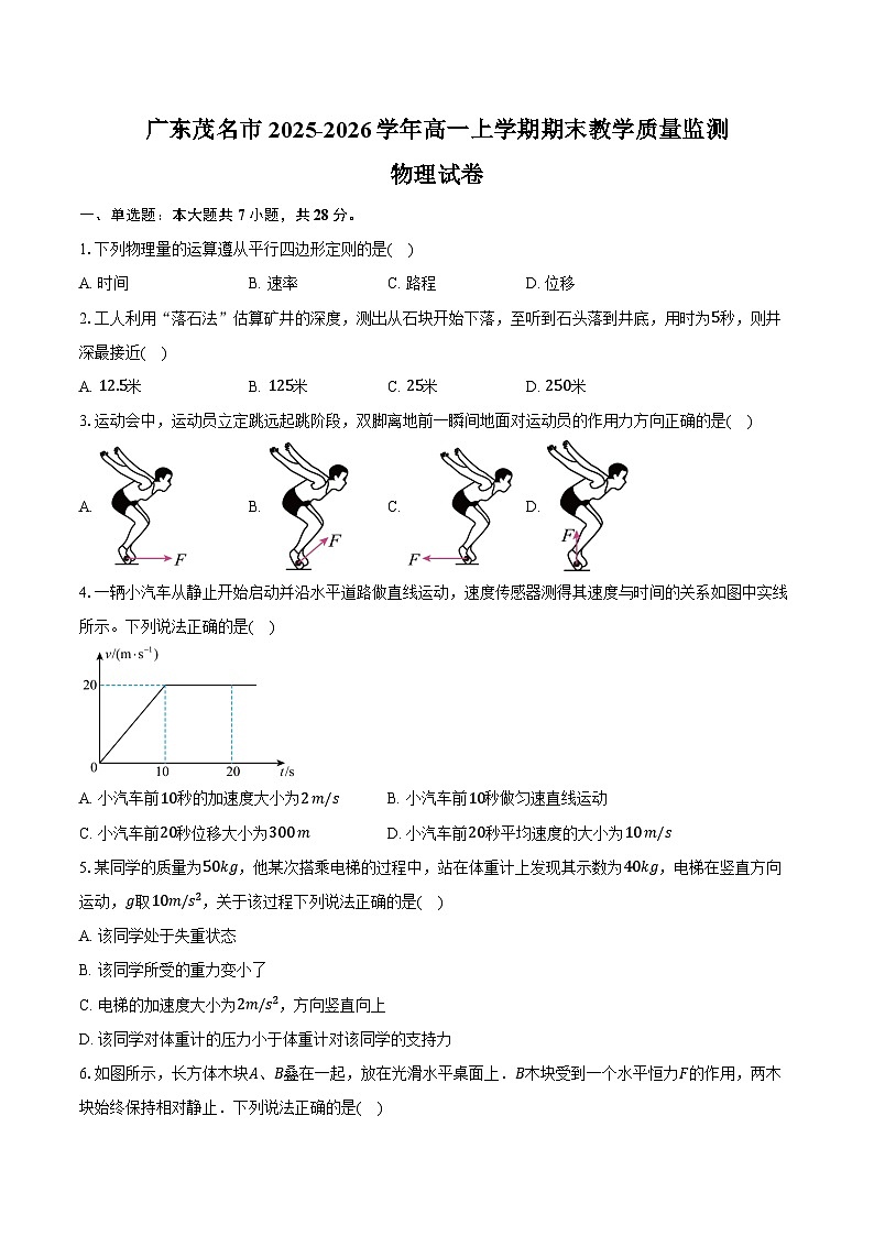 广东茂名市2025-2026学年高一上学期期末教学质量监测物理试卷（含答案）第1页