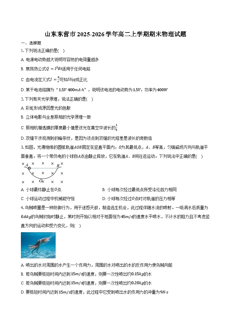 山东东营市2025-2026学年高二上学期期末物理试卷（含答案）第1页