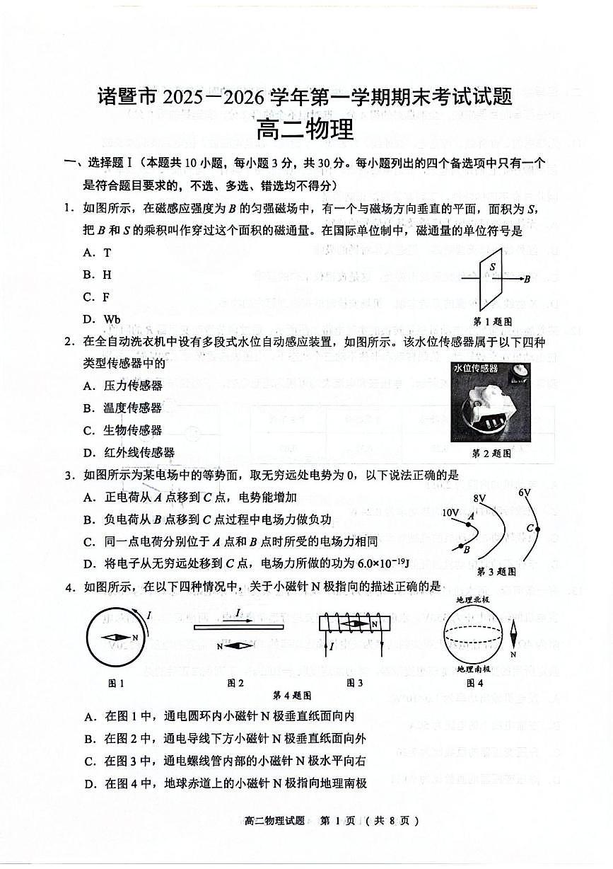 浙江诸暨市2025-2026学年第一学期期末考试高二物理试题第1页