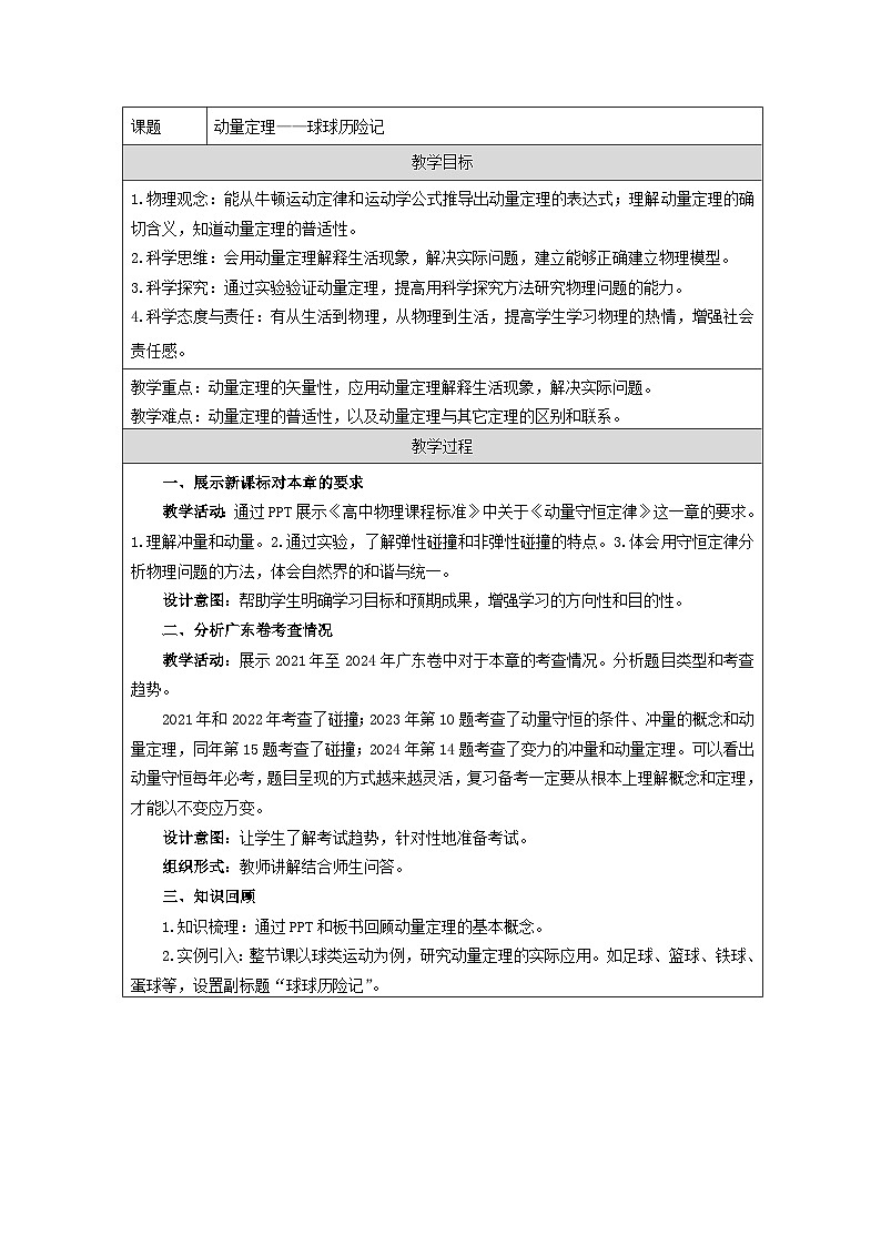 人教版（2019）高中物理选择性必修第一册 1.2 动量定理 教案第1页