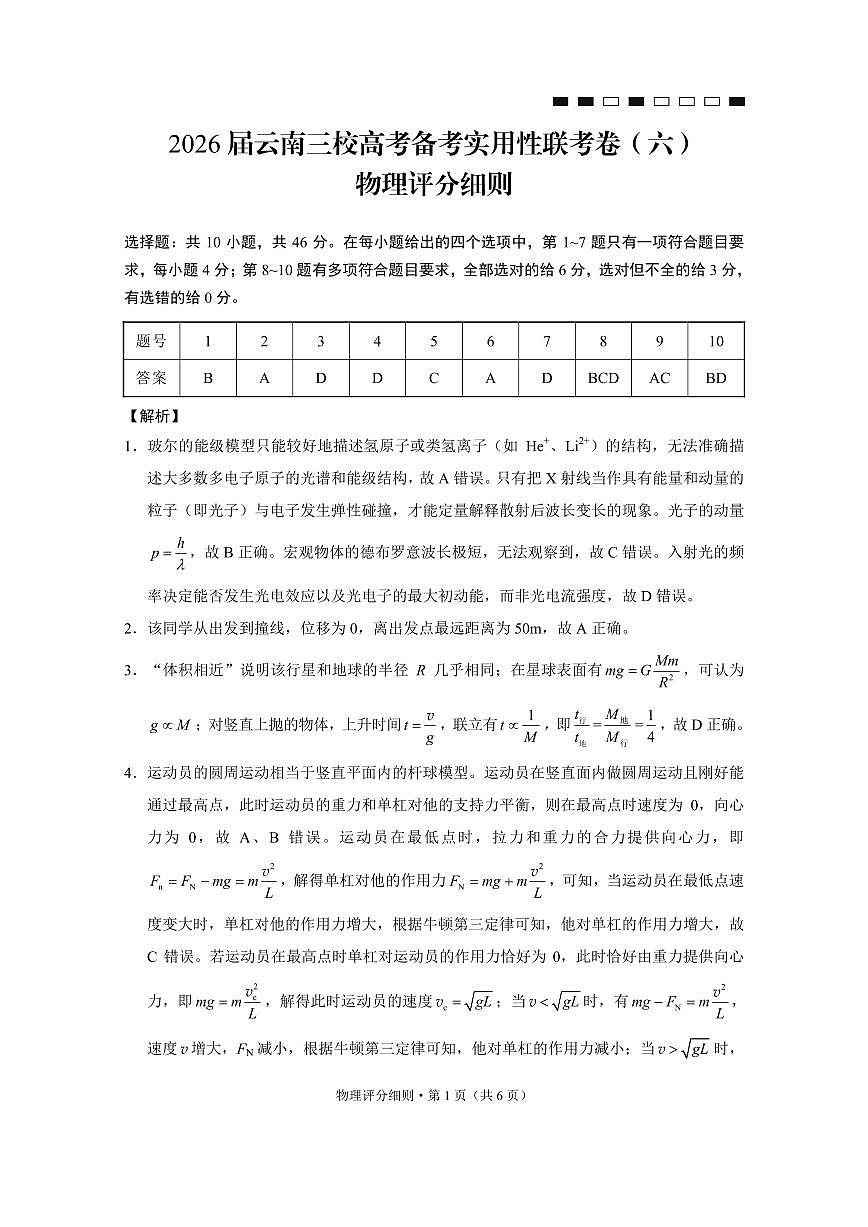 2026届云南三校高考备考实用性联考卷（六）物理答案第1页