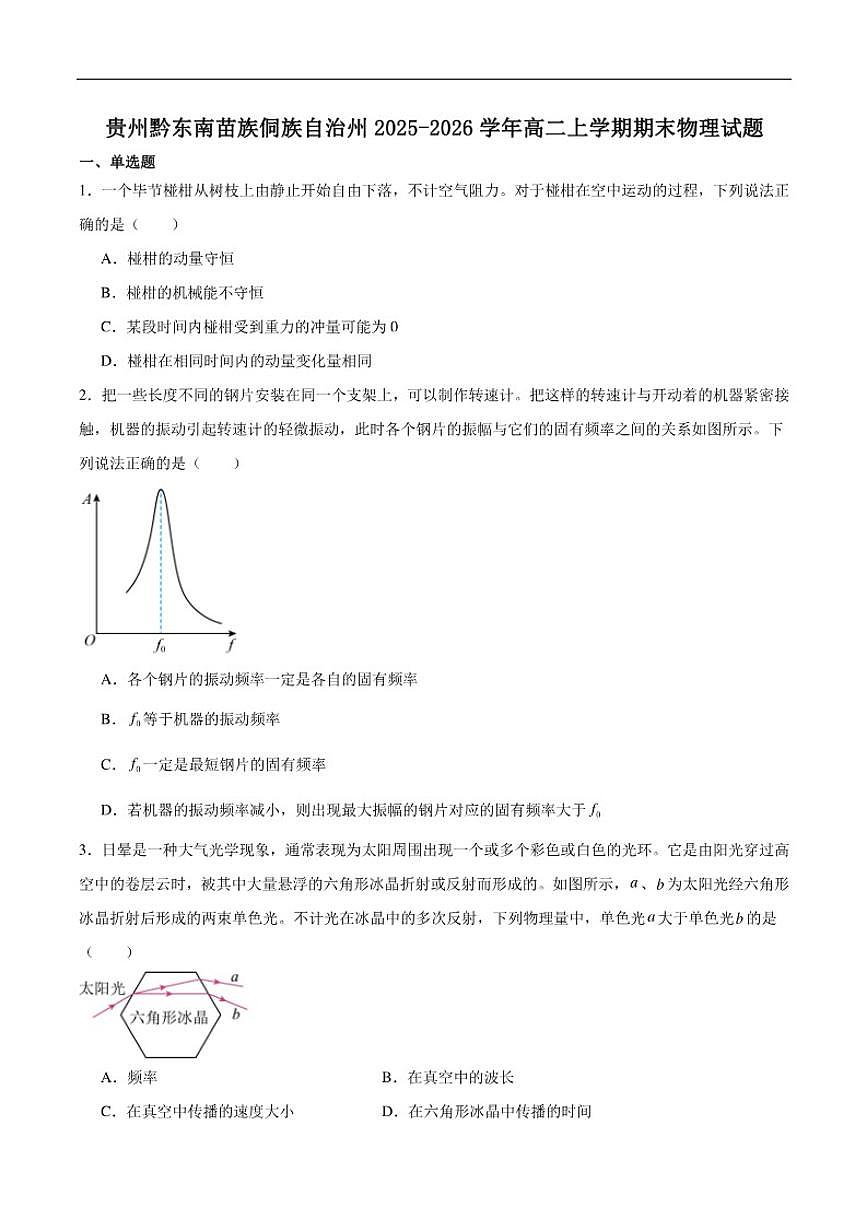 2025-2026学年贵州省黔东南州高二上学期期末检测物理试卷（含答案）第1页