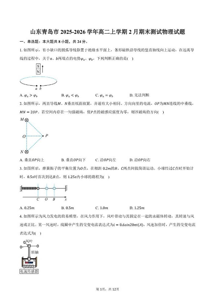 2025-2026学年山东省青岛市高二上学期2月期末测试物理试卷（含答案）第1页