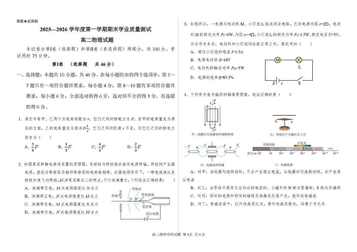 2025-2026学年内蒙古锡林郭勒盟高中联考高二上学期期末物理(扫面版，含答案）试题第1页