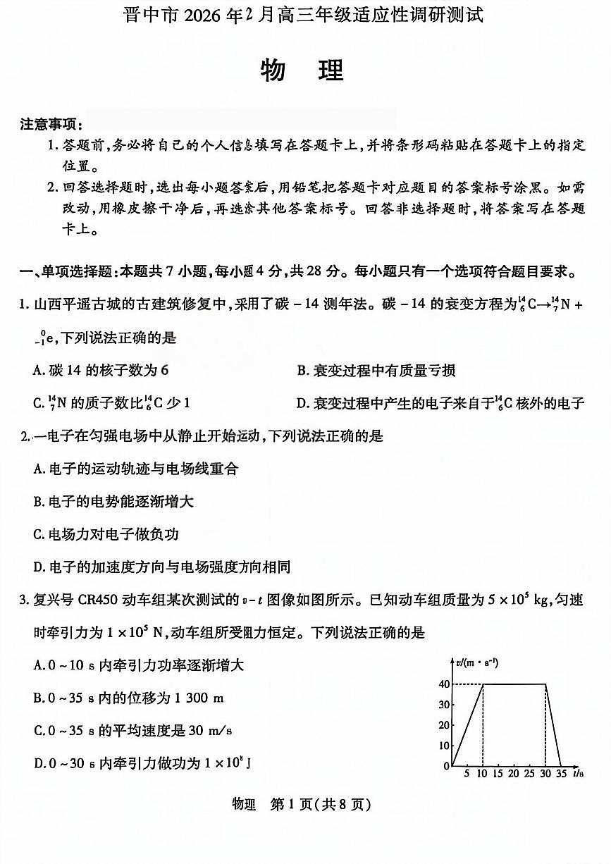 晋中市2026年2月高三年级适应性调研测试物理第1页