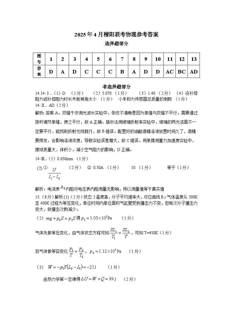 浙江省稽阳联谊学校2025届高三下学期4月联考物理试卷答案第1页