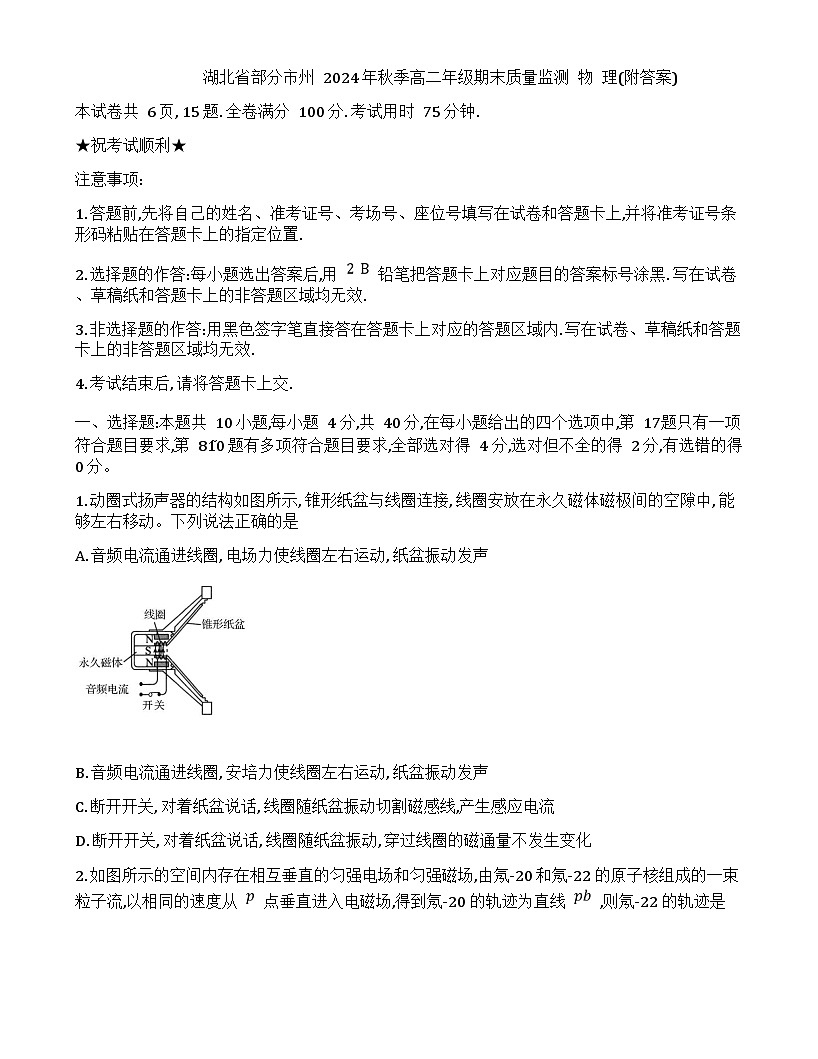 湖北省部分市州2024-2025学年高二上学期期末质量监测物理试卷 含答案第1页