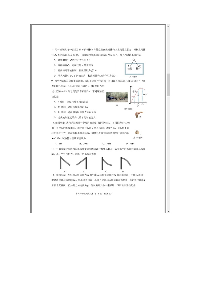 浙江省台州市2024-2025学年高一上学期1月期末物理试题 含答案第3页