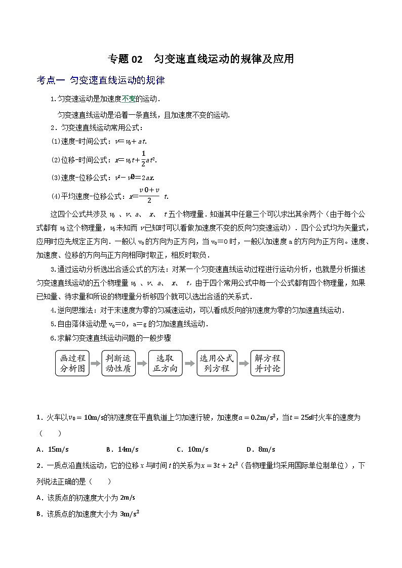 高考物理一轮复习核心考点突破练习专题02匀变速直线运动的规律及应用（原卷版）第1页