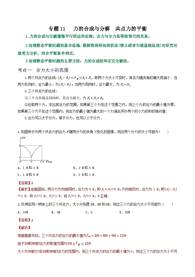 高考物理一轮复习核心考点突破练习专题11力的合成与分解 共点力的平衡（解析版）第1页