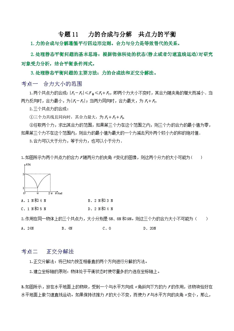 高考物理一轮复习核心考点突破练习专题11力的合成与分解 共点力的平衡（原卷版）第1页