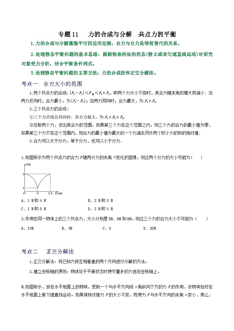 高考物理一轮复习核心考点突破练习专题11力的合成与分解 共点力的平衡（原卷版）第1页