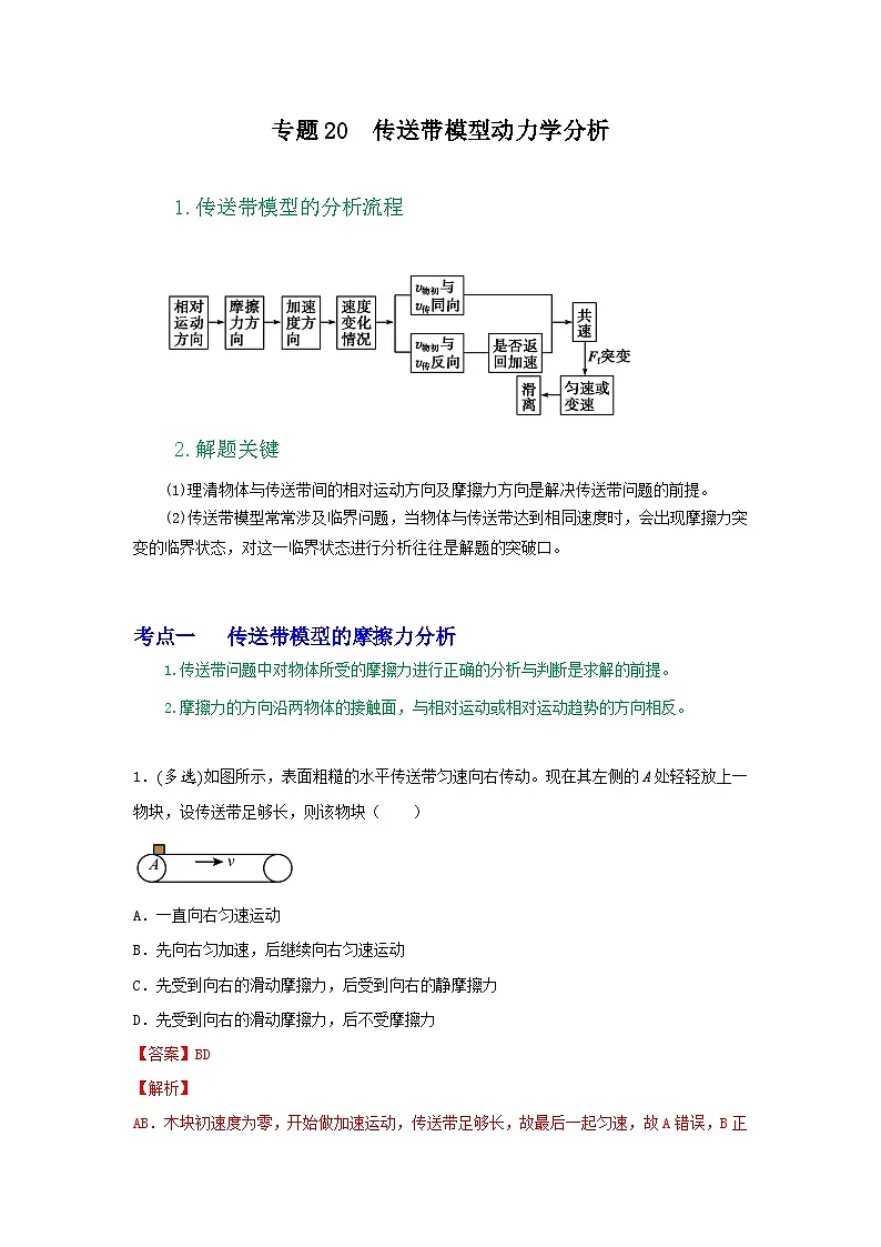 高考物理一轮复习核心考点突破练习专题20传送带模型动力学分析（解析版）第1页