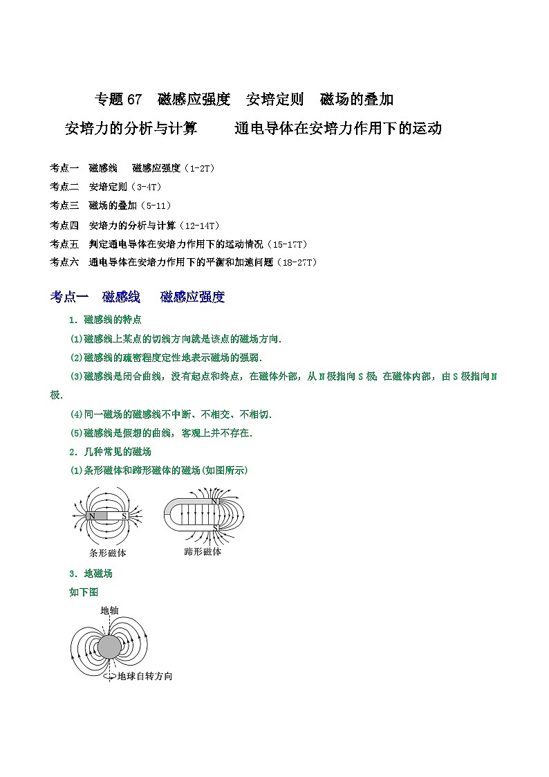 高考物理一轮复习核心考点突破练习专题67磁感应强度 安培定则 磁场的叠加 安培力的分析与计算（原卷版）第1页
