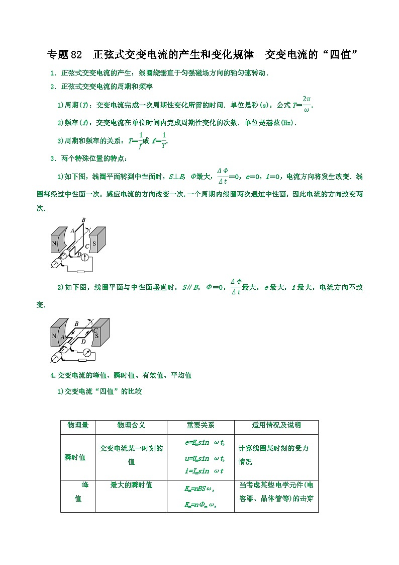 高考物理一轮复习核心考点突破练习专题82正弦式交变电流的产生和变化规律 交变电流的“四值”（解析版）第1页