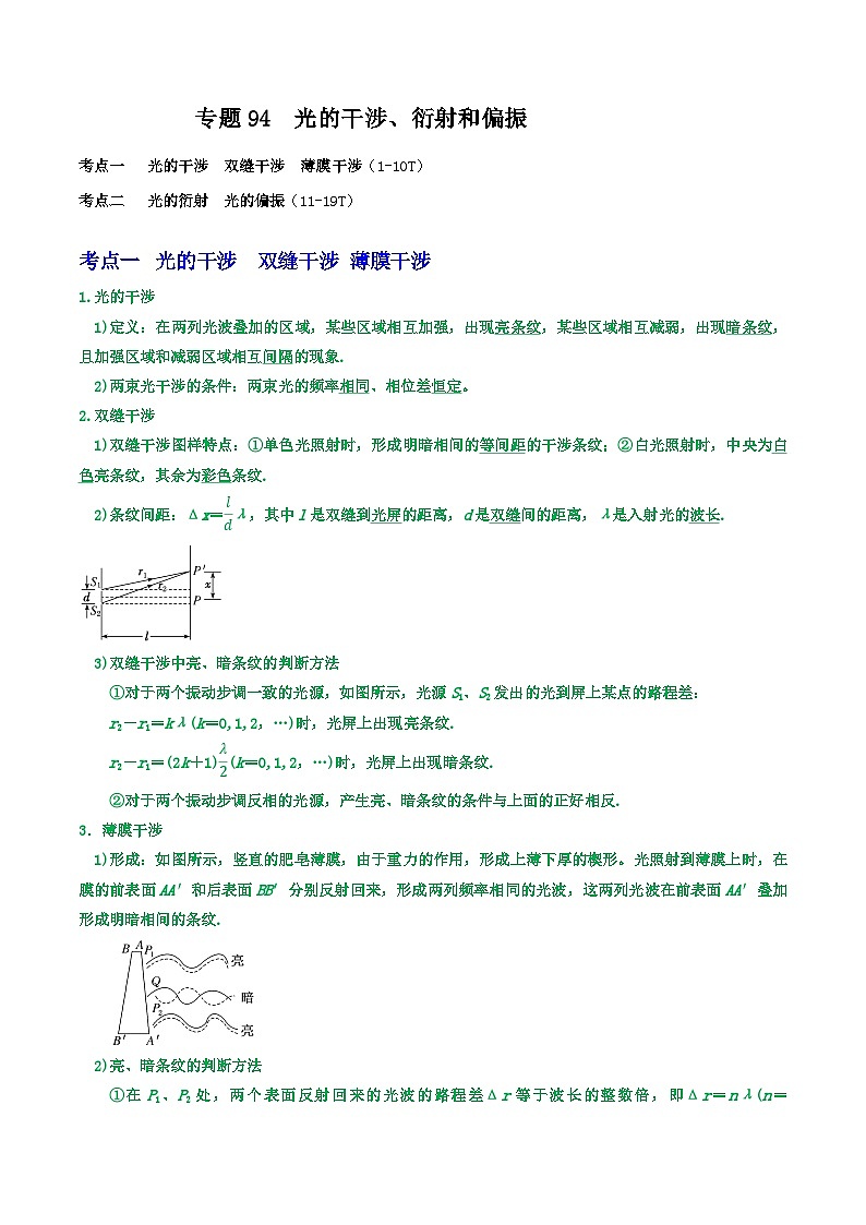 高考物理一轮复习核心考点突破练习专题94光的干涉、衍射和偏振 （解析版）第1页