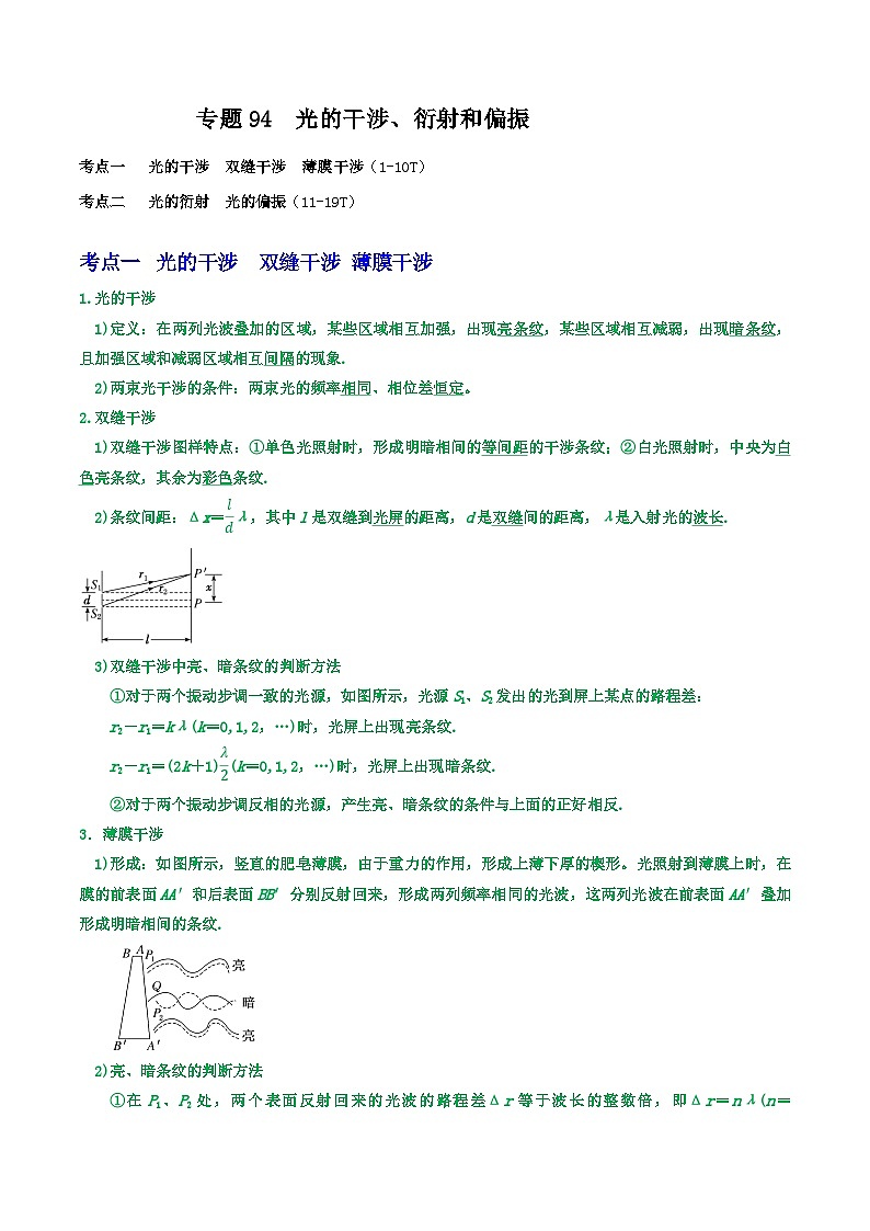 高考物理一轮复习核心考点突破练习专题94光的干涉、衍射和偏振（原卷版）第1页