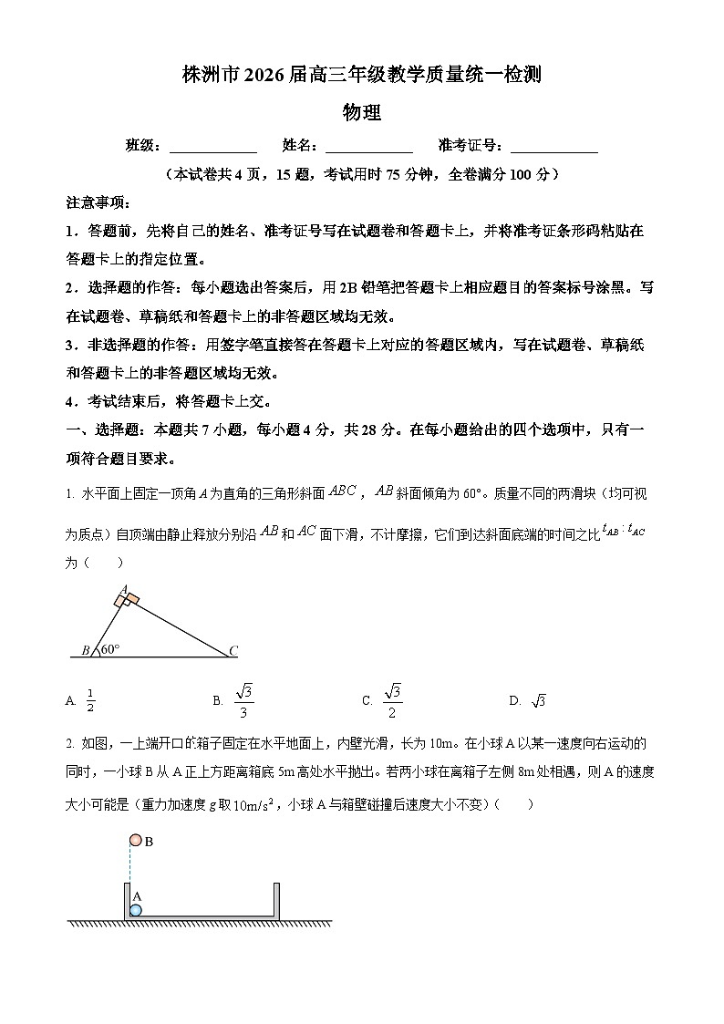 2026届湖南省株洲市高三上学期教学质量统一检测（一模）物理试题  Word版无答案第1页