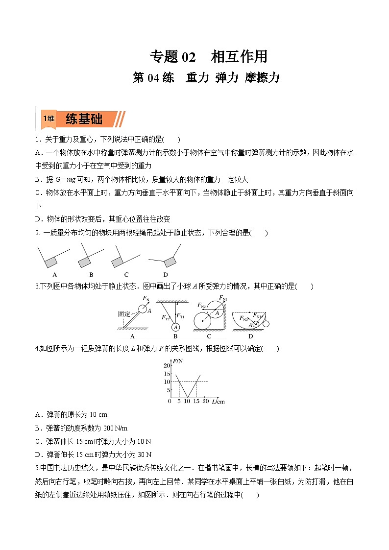 高考物理一轮复习小题多维练习第04练 重力 弹力 摩擦力（原卷版）第1页
