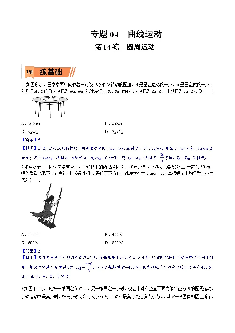 高考物理一轮复习小题多维练习第14练 圆周运动（解析版）第1页