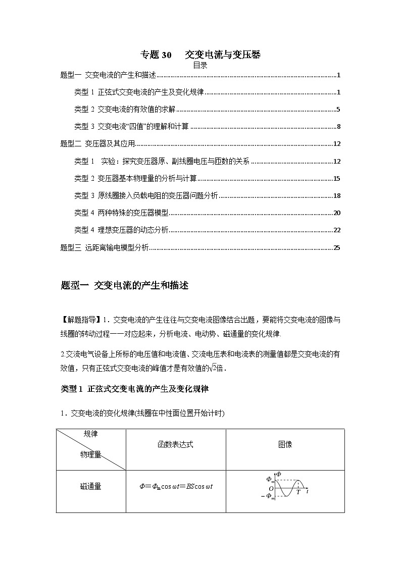 高考物理一轮复习题型归类训练专题30 交变电流与变压器（原卷版）第1页