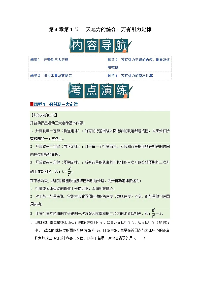 第4章第1节 天地力的综合：万有引力定律 高中物理必修二同步复习讲义（鲁科版2019）（解析版）第1页