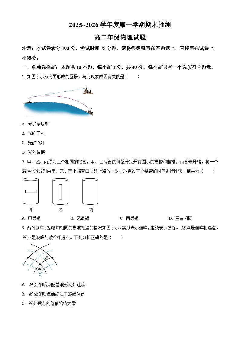 江苏徐州市2025-2026学年高二上学期期末考试物理试卷（试卷+解析）第1页
