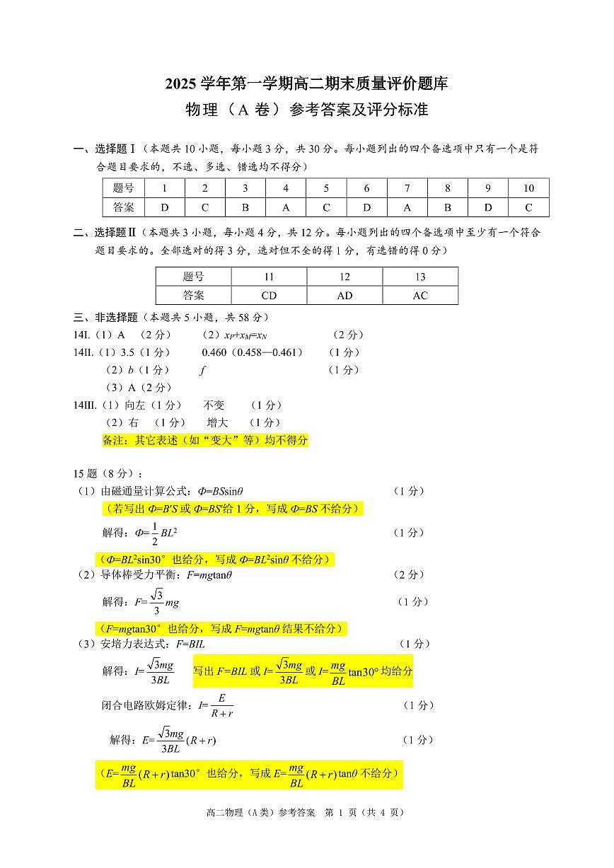 2025学年第一学期高二物理期末质量评价题库（A卷）参考答案和评分细则第1页
