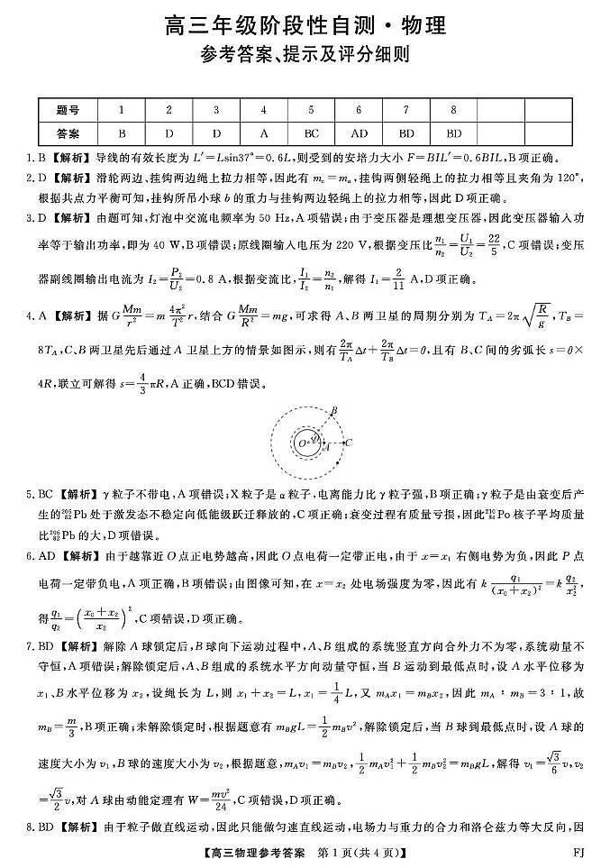 2026届福建百校高三下学期阶段性自测物理详解版答案第1页
