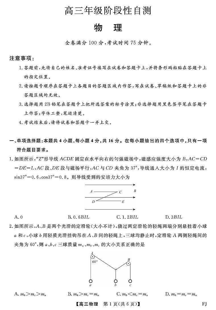 2026届福建百校高三下学期阶段性自测物理试卷第1页