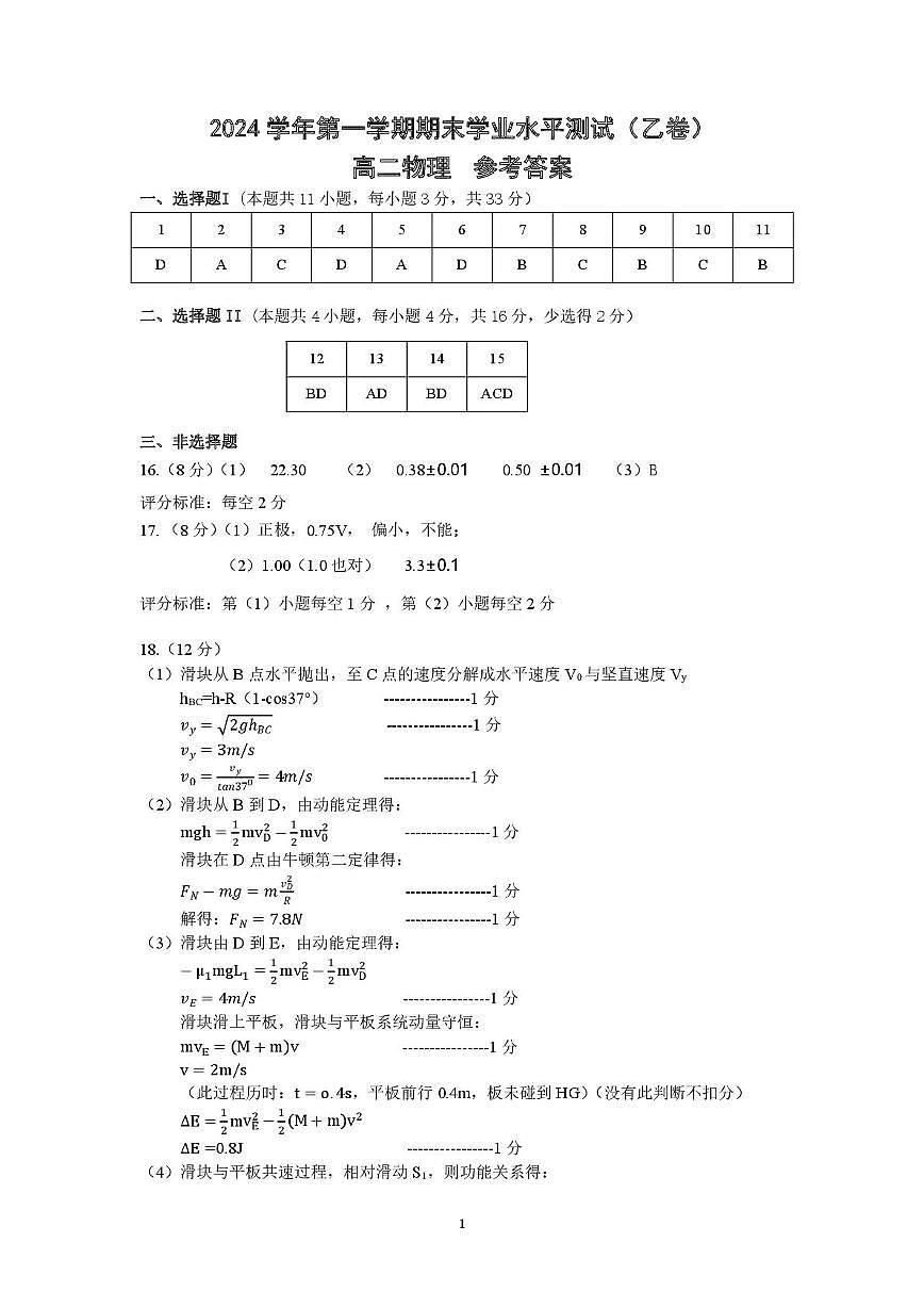 1-16-15：00高二物理答案（乙卷）第1页