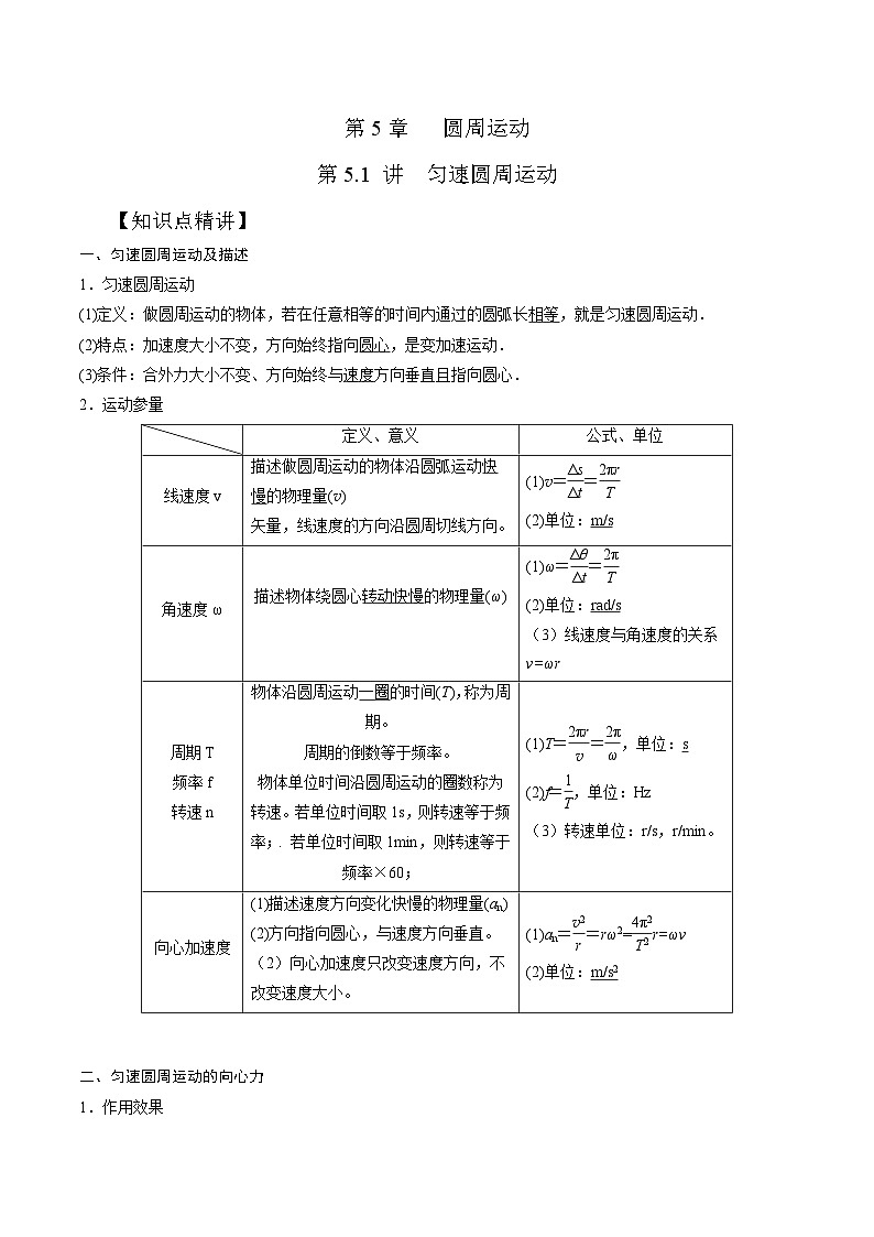 高考物理一轮复习考点通关练习5.1匀速圆周运动（解析版）第1页