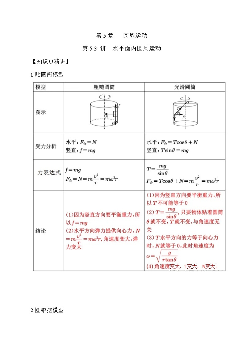 高考物理一轮复习考点通关练习5.3水平面内圆周运动（解析版）第1页