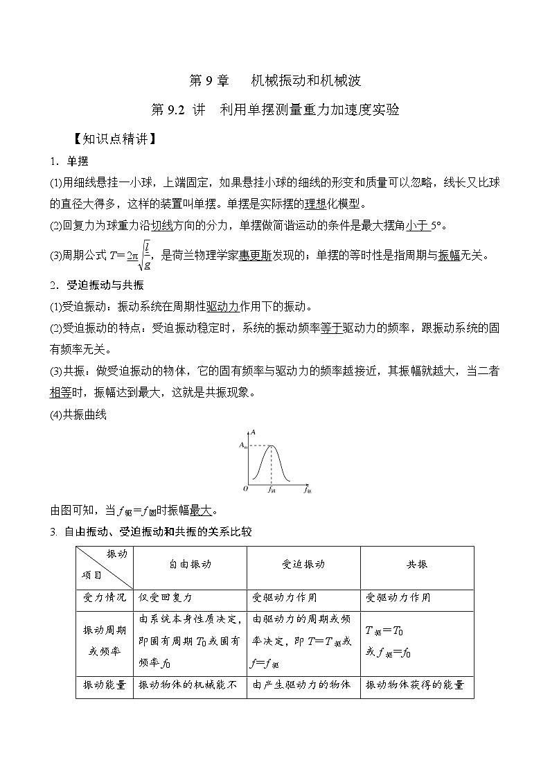 高考物理一轮复习考点通关练习9.2单摆和受迫振动、共振（解析版）第1页