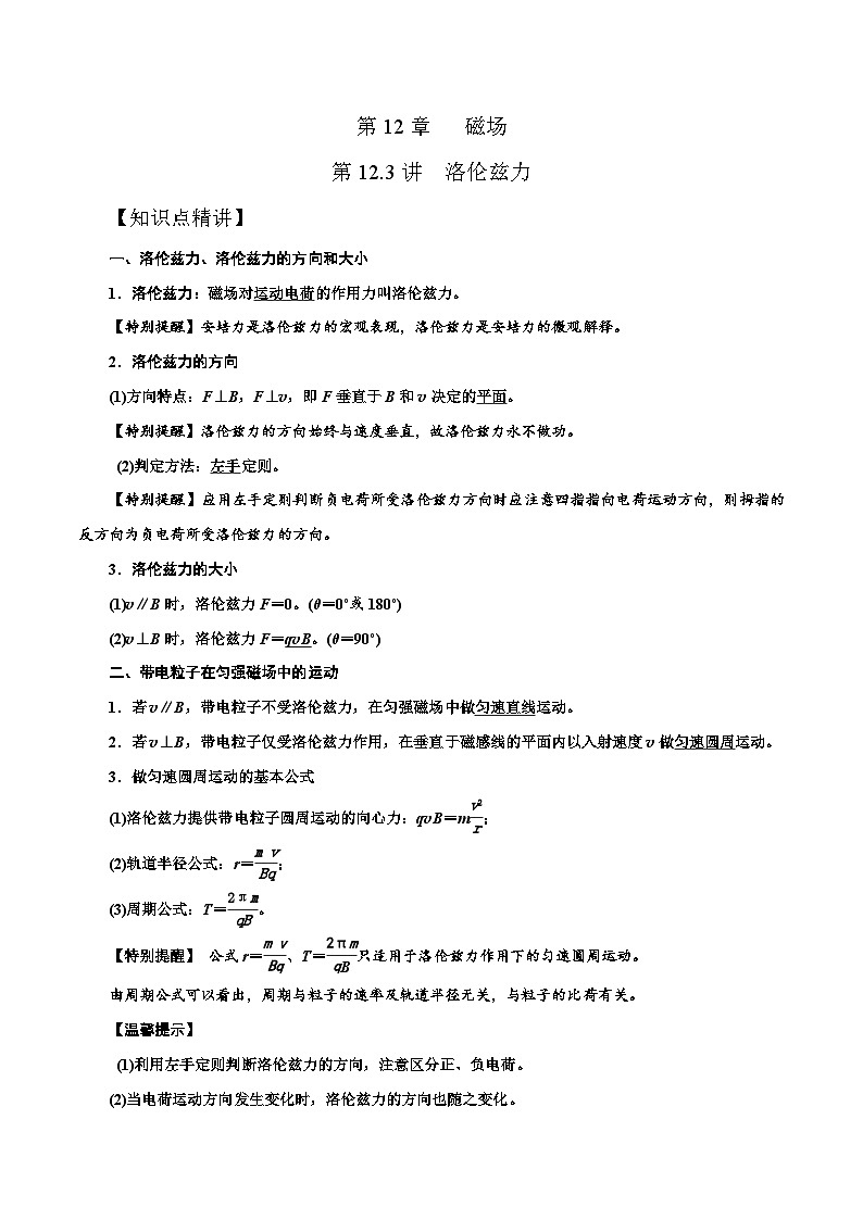 高考物理一轮复习考点通关练习12.3洛伦兹力（解析版）第1页