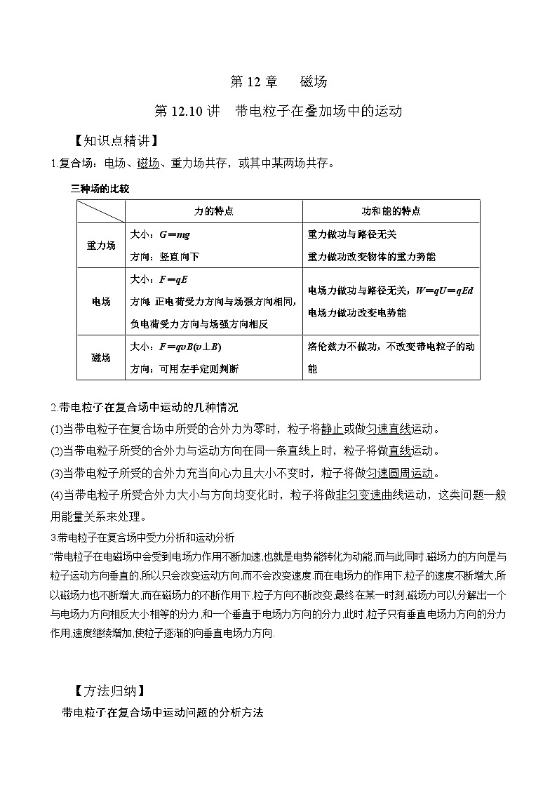 高考物理一轮复习考点通关练习12.10带电粒子在叠加场中的运动（原卷版）第1页