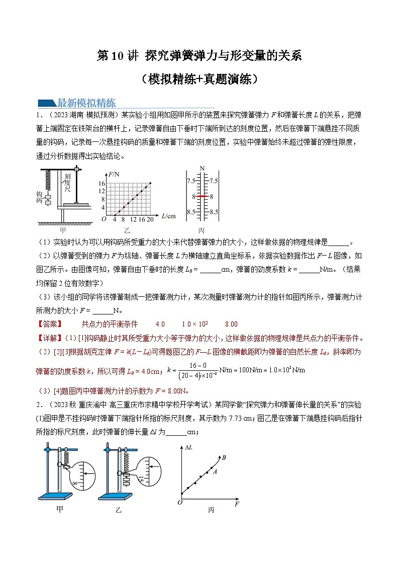 高考物理一轮复习考点讲练测第10讲 探究弹簧弹力与形变量的关系（练习）（解析版）第1页